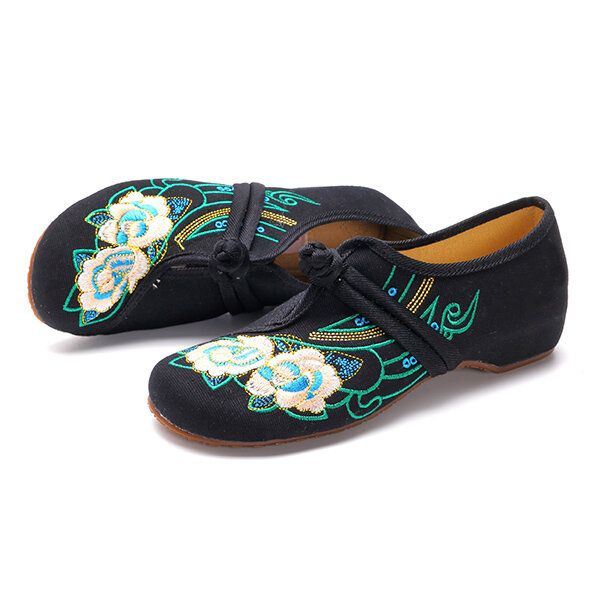 Dames Lace Up Doek Chinese Geborduurde Bloem Platte Loafers