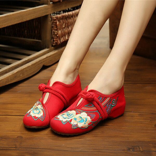 Dames Lace Up Doek Chinese Geborduurde Bloem Platte Loafers