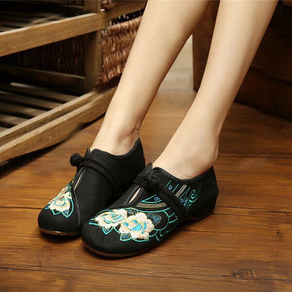 Dames Lace Up Doek Chinese Geborduurde Bloem Platte Loafers