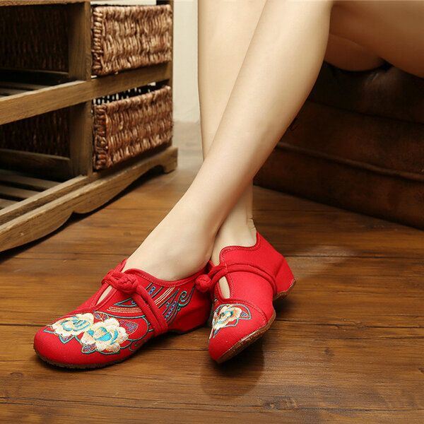 Dames Lace Up Doek Chinese Geborduurde Bloem Platte Loafers