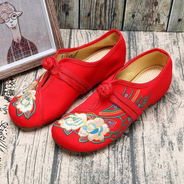 Dames Lace Up Doek Chinese Geborduurde Bloem Platte Loafers