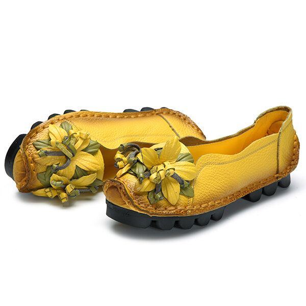 Dames Lederen Handgemaakte Bloem Loafers