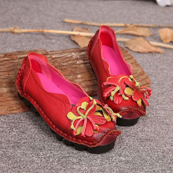 Dames Lederen Handgemaakte Bloem Loafers