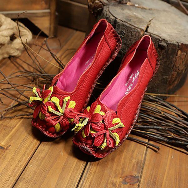 Dames Lederen Handgemaakte Bloem Loafers