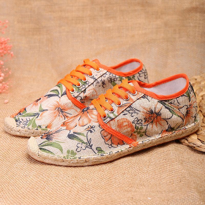 Dames Linnen Doek Met Bloemenprint Comfortabel Ademend Draagbaar Casual Espadrilles Met Veters