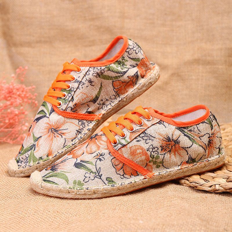 Dames Linnen Doek Met Bloemenprint Comfortabel Ademend Draagbaar Casual Espadrilles Met Veters