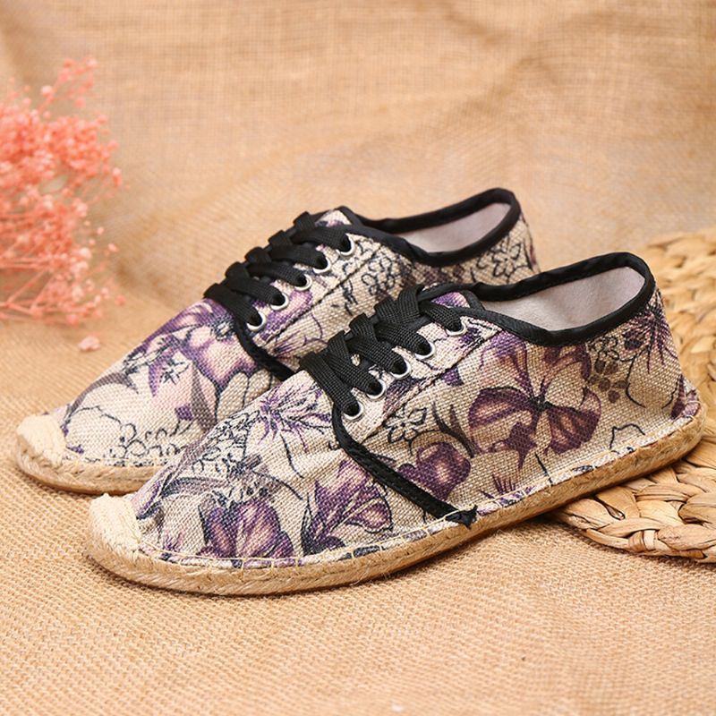 Dames Linnen Doek Met Bloemenprint Comfortabel Ademend Draagbaar Casual Espadrilles Met Veters