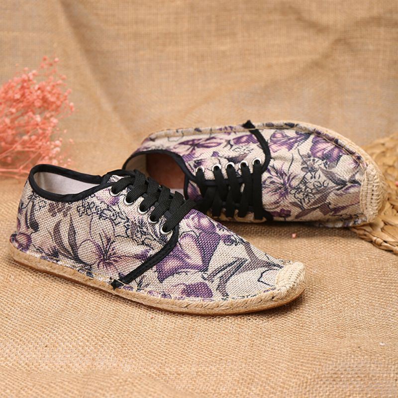 Dames Linnen Doek Met Bloemenprint Comfortabel Ademend Draagbaar Casual Espadrilles Met Veters