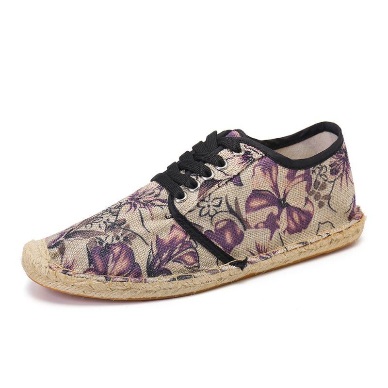 Dames Linnen Doek Met Bloemenprint Comfortabel Ademend Draagbaar Casual Espadrilles Met Veters