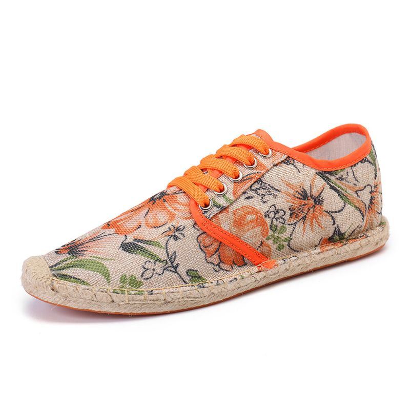 Dames Linnen Doek Met Bloemenprint Comfortabel Ademend Draagbaar Casual Espadrilles Met Veters