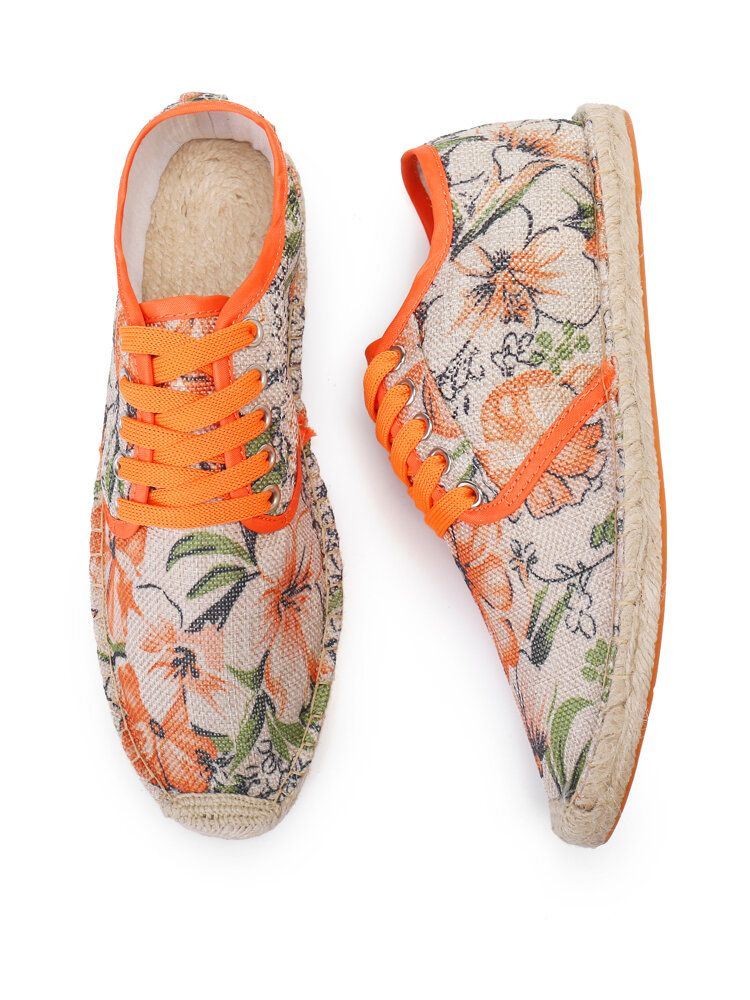 Dames Linnen Doek Met Bloemenprint Comfortabel Ademend Draagbaar Casual Espadrilles Met Veters