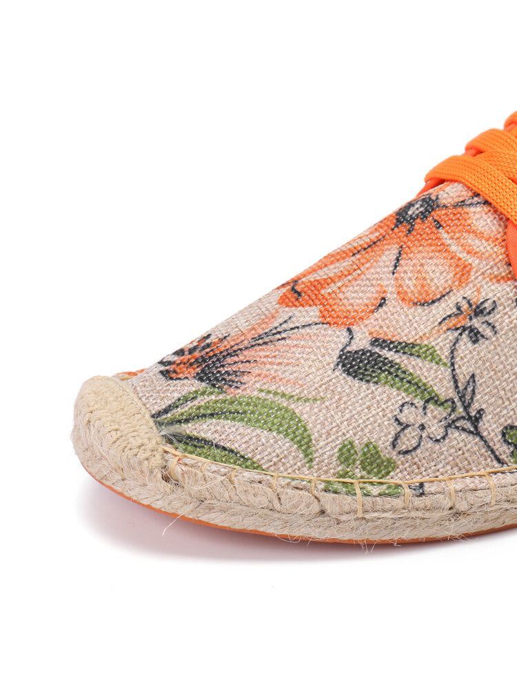 Dames Linnen Doek Met Bloemenprint Comfortabel Ademend Draagbaar Casual Espadrilles Met Veters