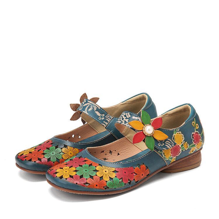 Dames Natuurlijke Bloemen Uitgehold Rundleer Comfortabel Ademend Draagbaar Casual Platte Schoenen