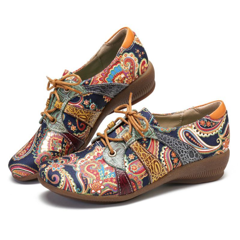 Dames Paisley Retor Floral Splicing Platte Schoenen Met Ronde Neus En Platte Veters