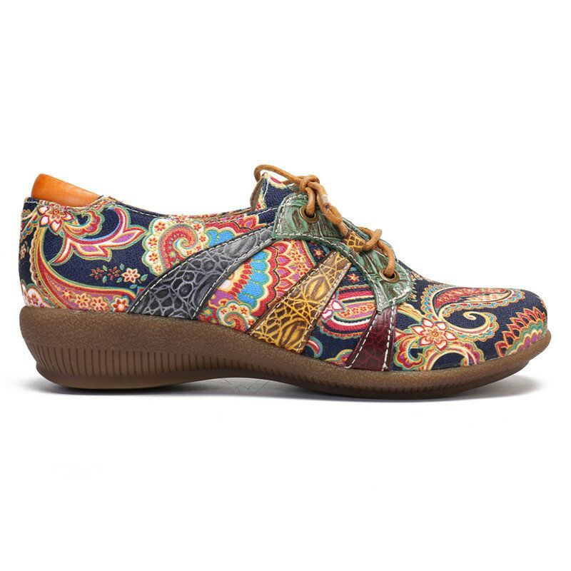 Dames Paisley Retor Floral Splicing Platte Schoenen Met Ronde Neus En Platte Veters