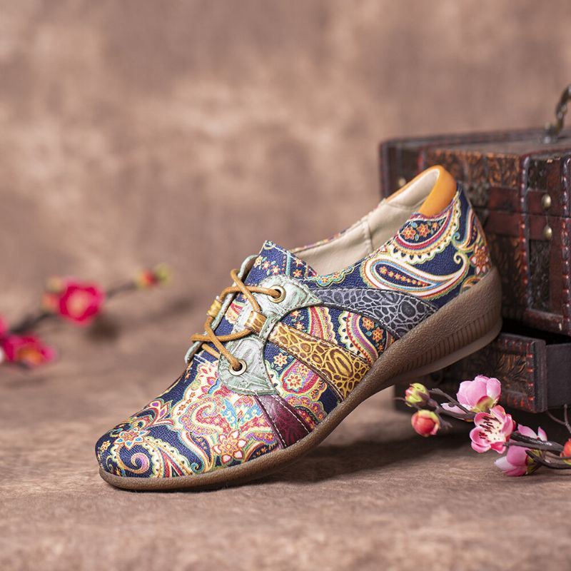 Dames Paisley Retor Floral Splicing Platte Schoenen Met Ronde Neus En Platte Veters