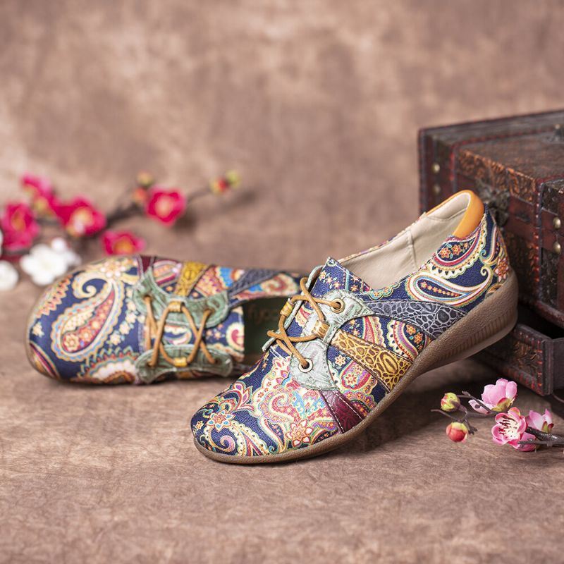 Dames Paisley Retor Floral Splicing Platte Schoenen Met Ronde Neus En Platte Veters