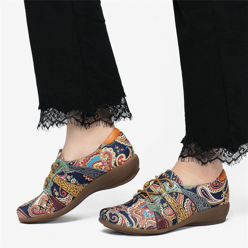 Dames Paisley Retor Floral Splicing Platte Schoenen Met Ronde Neus En Platte Veters