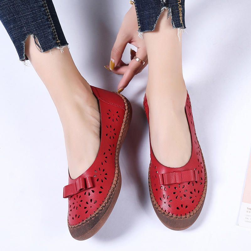 Dames Plus Maat Echt Leer Ademend Uitgehold Instappers Casual Flats Loafers