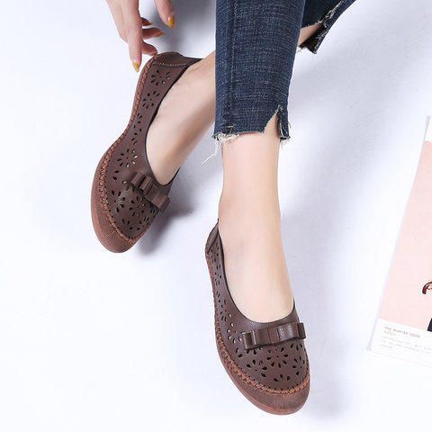 Dames Plus Maat Echt Leer Ademend Uitgehold Instappers Casual Flats Loafers