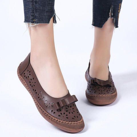 Dames Plus Maat Echt Leer Ademend Uitgehold Instappers Casual Flats Loafers