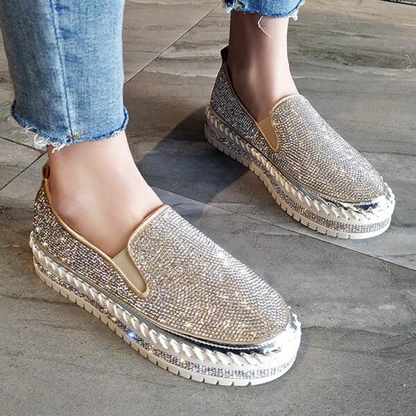 Dames Plus Size Strass Decoratie Ademende Slip Op Comfortabele Casual Flats