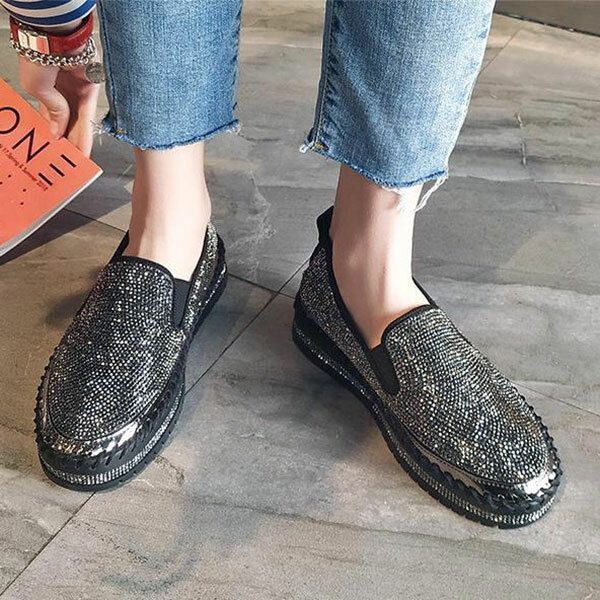 Dames Plus Size Strass Decoratie Ademende Slip Op Comfortabele Casual Flats