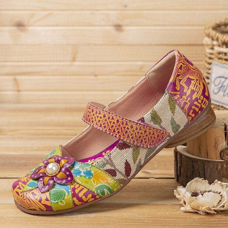 Dames Retro Bloem Decor Gedrukt Rundleer Stiksels Doek Comfortabele Ronde Neus Casual Platte Schoenen