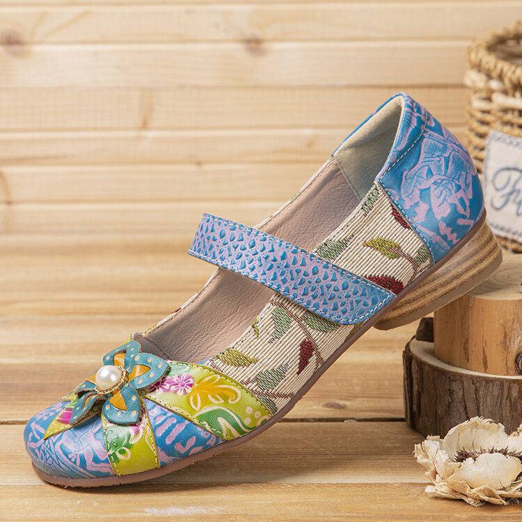 Dames Retro Bloem Decor Gedrukt Rundleer Stiksels Doek Comfortabele Ronde Neus Casual Platte Schoenen