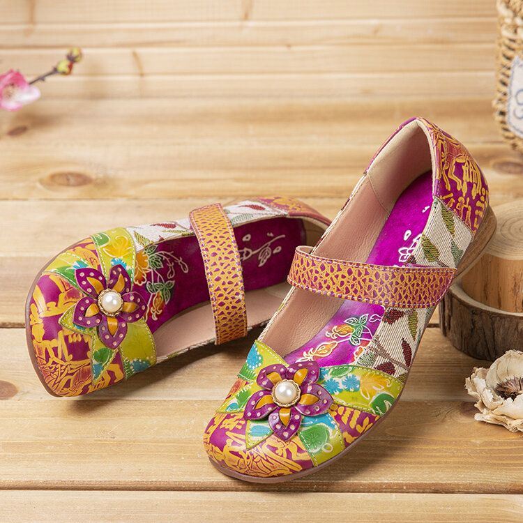 Dames Retro Bloem Decor Gedrukt Rundleer Stiksels Doek Comfortabele Ronde Neus Casual Platte Schoenen