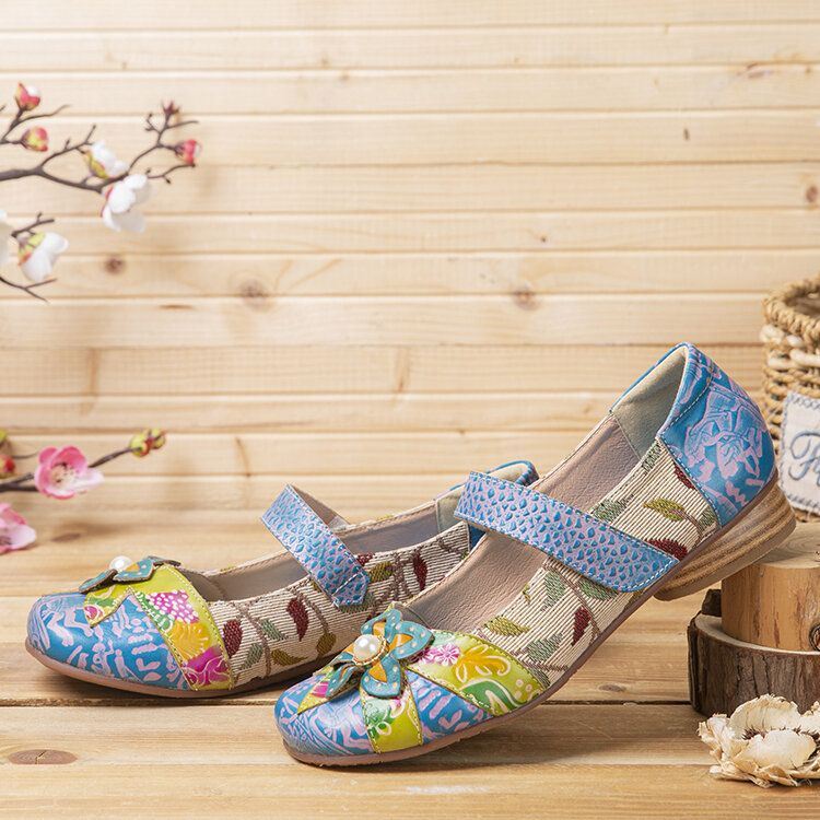 Dames Retro Bloem Decor Gedrukt Rundleer Stiksels Doek Comfortabele Ronde Neus Casual Platte Schoenen