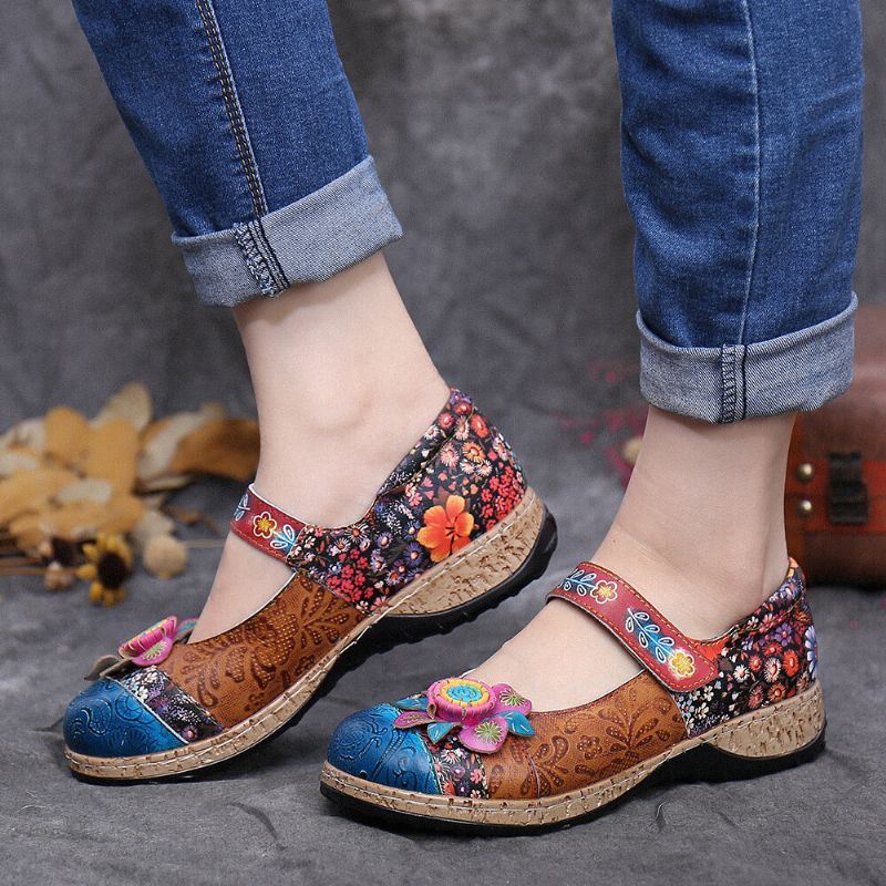 Dames Retro Bloem Splicing Bloemen Echte Lederen Haaklus Platte Schoenen