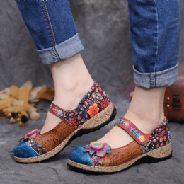 Dames Retro Bloem Splicing Bloemen Echte Lederen Haaklus Platte Schoenen