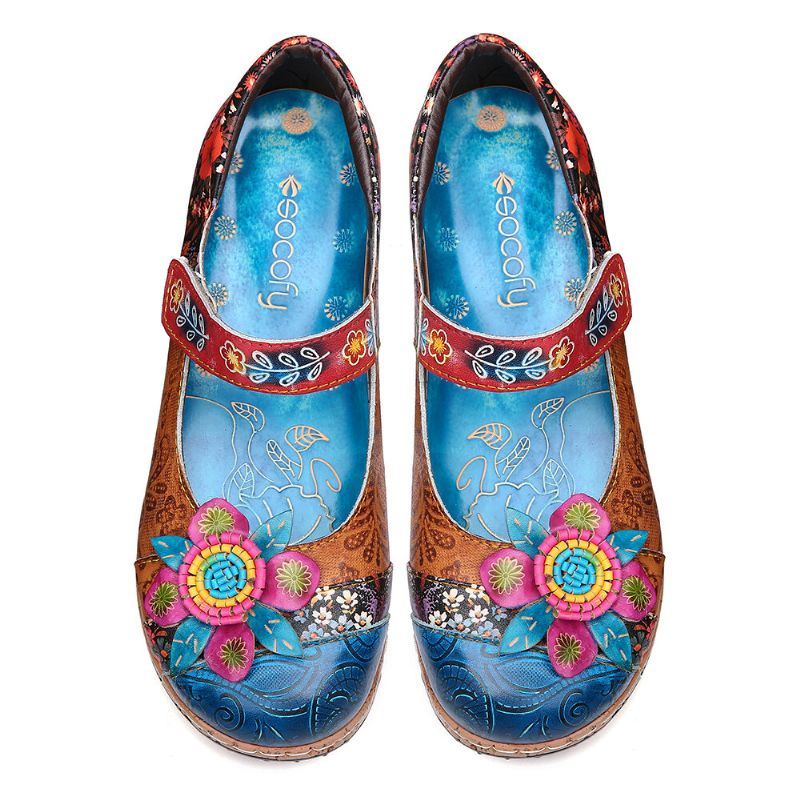 Dames Retro Bloem Splicing Bloemen Echte Lederen Haaklus Platte Schoenen