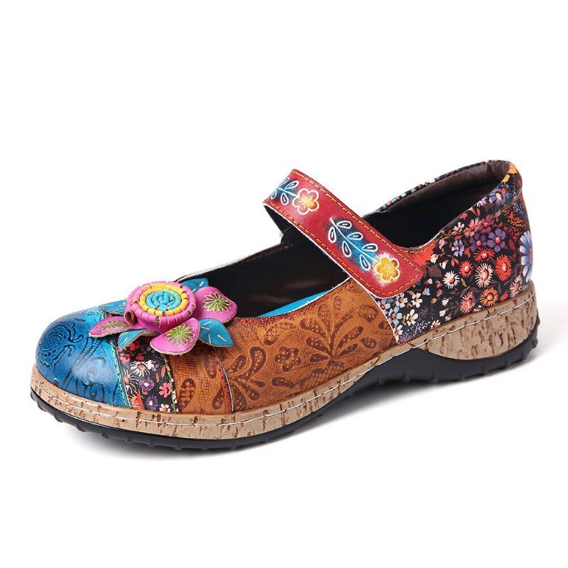 Dames Retro Bloem Splicing Bloemen Echte Lederen Haaklus Platte Schoenen