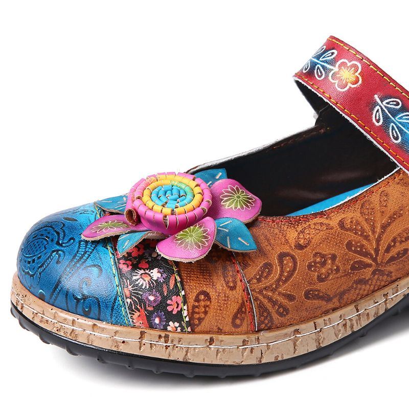 Dames Retro Bloem Splicing Bloemen Echte Lederen Haaklus Platte Schoenen