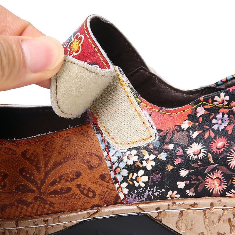 Dames Retro Bloem Splicing Bloemen Echte Lederen Haaklus Platte Schoenen