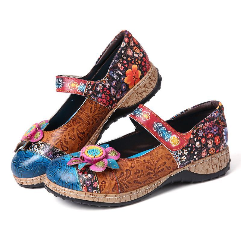 Dames Retro Bloem Splicing Bloemen Echte Lederen Haaklus Platte Schoenen