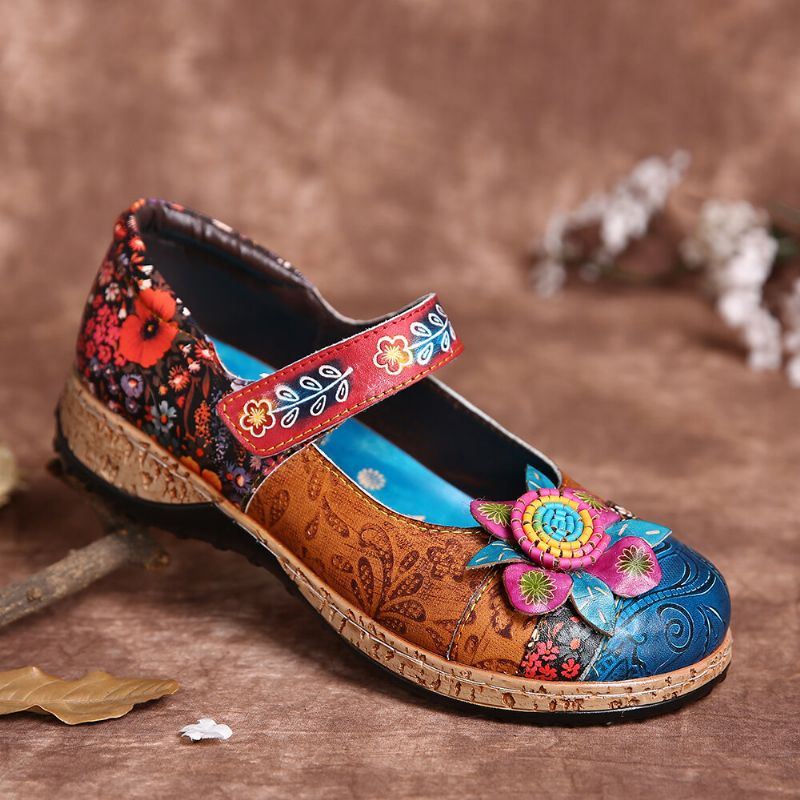 Dames Retro Bloem Splicing Bloemen Echte Lederen Haaklus Platte Schoenen