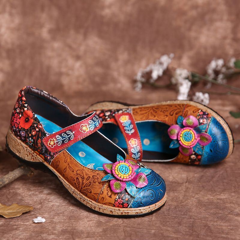 Dames Retro Bloem Splicing Bloemen Echte Lederen Haaklus Platte Schoenen