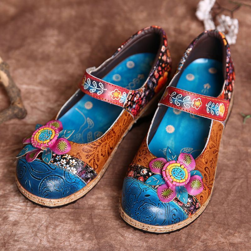 Dames Retro Bloem Splicing Bloemen Echte Lederen Haaklus Platte Schoenen