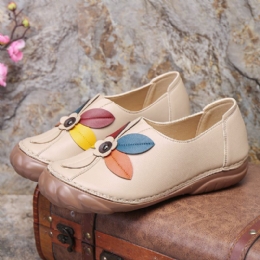 Dames Retro Bloem Stiksels Comfortabele Ronde Neus Slip Op Platte Loafers Schoenen