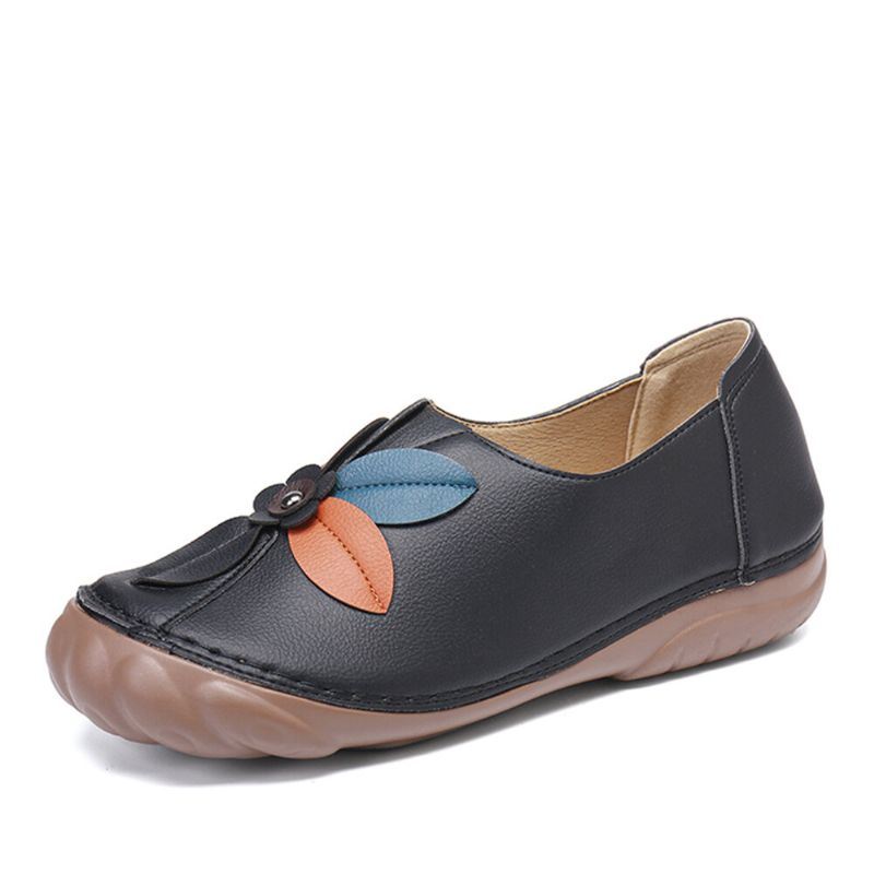 Dames Retro Bloem Stiksels Comfortabele Ronde Neus Slip Op Platte Loafers Schoenen