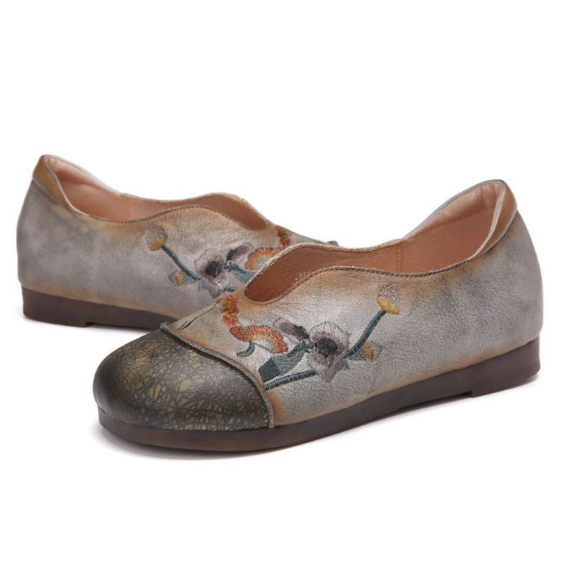 Dames Retro Bloemen Borduurwerk Comfortabele Zachte Leren Slip On Platte Schoenen