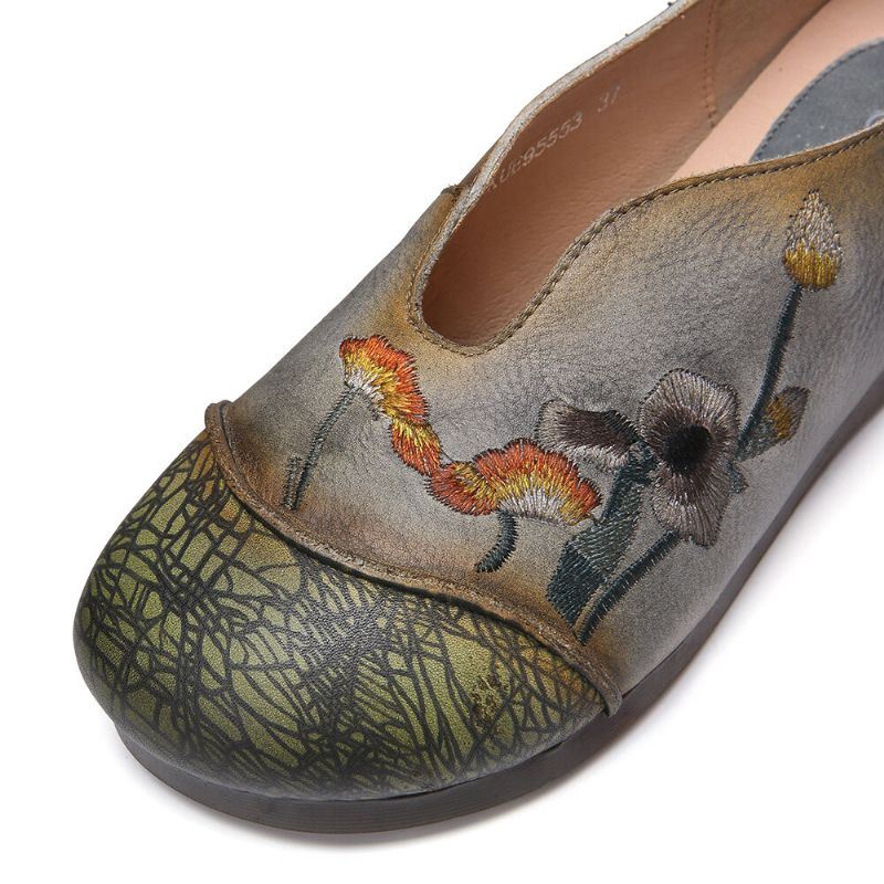 Dames Retro Bloemen Borduurwerk Comfortabele Zachte Leren Slip On Platte Schoenen