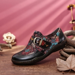 Dames Retro Bloemen Borduurwerk Leer Reliëf Pruimenbloesem Gesp Slip Op Platte Schoenen