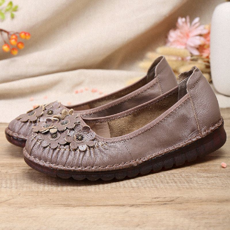 Dames Retro Bloemen Decor Comfortabel Leer Antislip Zachte Zool Casual Instappers Platte Schoenen