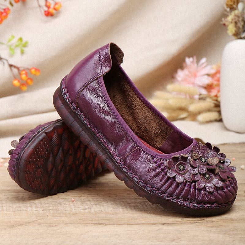 Dames Retro Bloemen Decor Comfortabel Leer Antislip Zachte Zool Casual Instappers Platte Schoenen