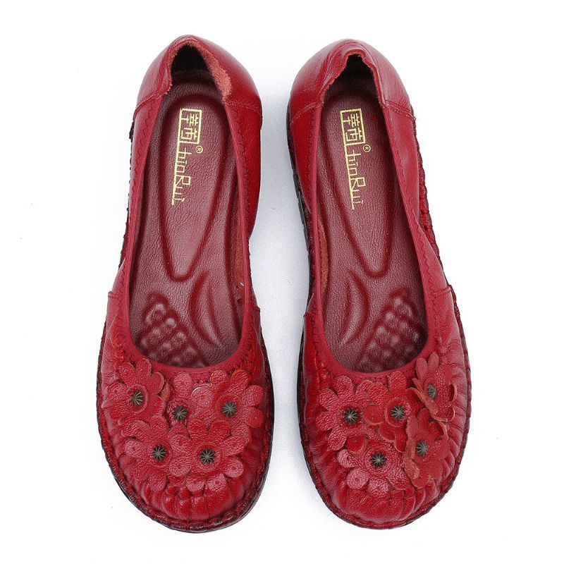 Dames Retro Bloemen Decor Comfortabel Leer Antislip Zachte Zool Casual Instappers Platte Schoenen