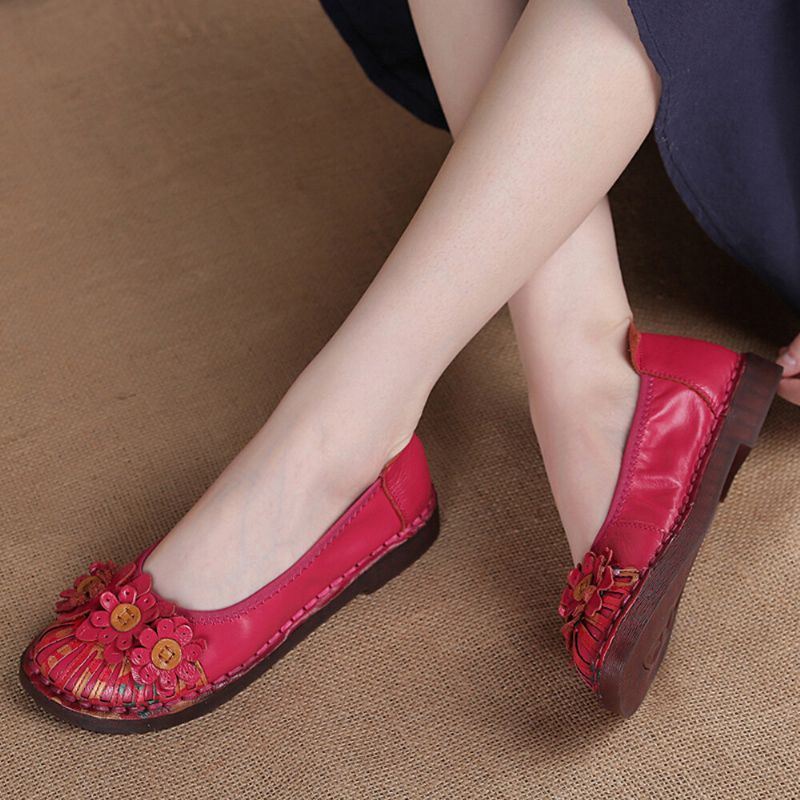 Dames Retro Bloemen Decor Handgemaakte Stiksels Non Slp Soft Sole Loafers